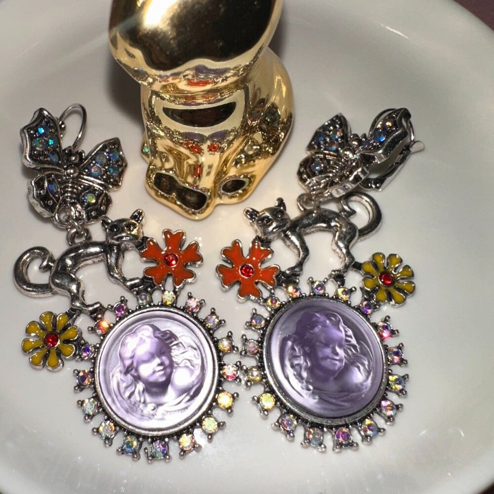 Whimsical Cat & Butterfly Cameo Earrings - VINTAGE
